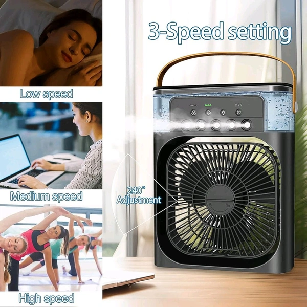 USB Rechargeable Mini Cooling Fan with Humidifier & LED Light – Multifunctional Air Cooler with Water Mist Spray for Home, Office, and Travel Use