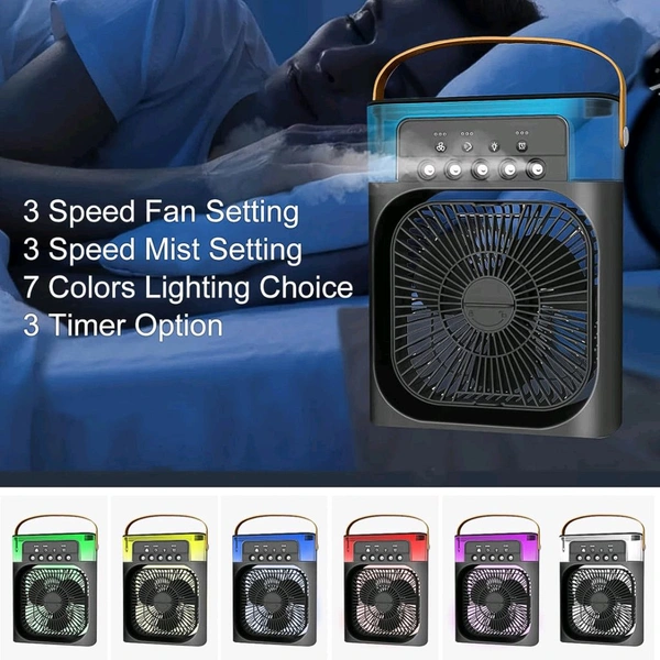 USB Rechargeable Mini Cooling Fan with Humidifier & LED Light – Multifunctional Air Cooler with Water Mist Spray for Home, Office, and Travel Use