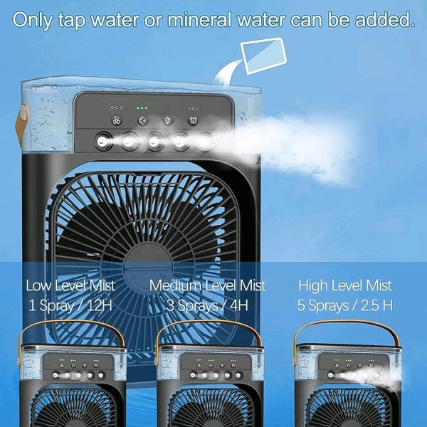 USB Rechargeable Mini Cooling Fan with Humidifier & LED Light – Multifunctional Air Cooler with Water Mist Spray for Home, Office, and Travel Use