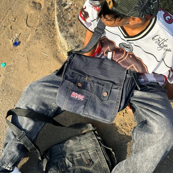 Vintage Streetwear Denim Sling Bag | Unisex Messenger Bag with Utility Pockets - Blue