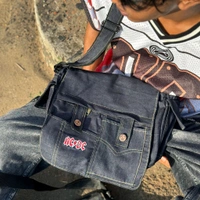 Vintage Streetwear Denim Sling Bag | Unisex Messenger Bag with Utility Pockets - Blue