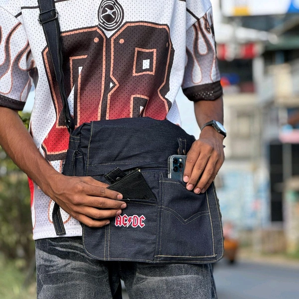 Vintage Streetwear Denim Sling Bag | Unisex Messenger Bag with Utility Pockets - Blue