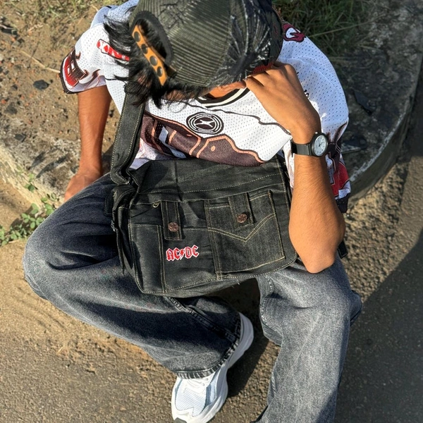Vintage Streetwear Denim Sling Bag | Unisex Messenger Bag with Utility Pockets - Black