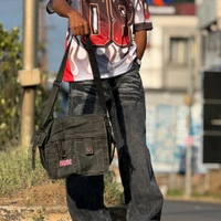Vintage Streetwear Denim Sling Bag | Unisex Messenger Bag with Utility Pockets - Black