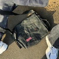 Vintage Streetwear Denim Sling Bag | Unisex Messenger Bag with Utility Pockets - Black