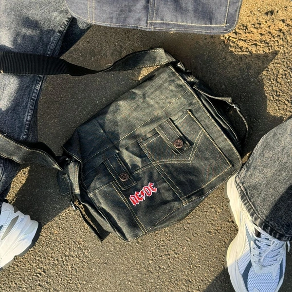 Vintage Streetwear Denim Sling Bag | Unisex Messenger Bag with Utility Pockets - Black