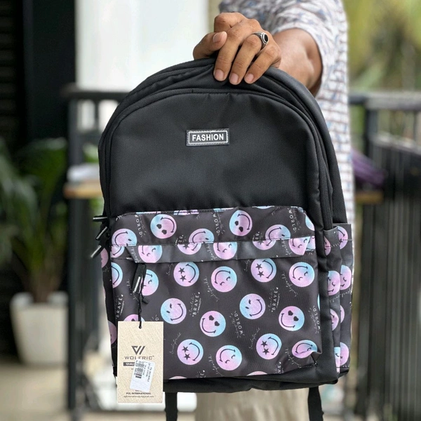 Wolfric Trendy Emoji Print Backpack – Lightweight & Stylish for School, College & Daily Use
 - 1 Month Stitching Warranty, Black