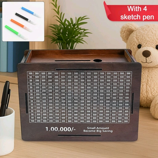 Wooden Money / Piggy Bank, Money Box, Coin Box with Carved Design for Kids / Children, Savings Challenge Box, Cash Vault Wooden Savings Box