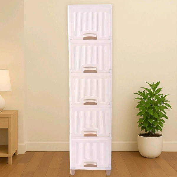 Multi-Purpose 5-Layer Plastic Storage Drawer Cabinet for Home and Office Use – Modular Organizer with Spacious Drawers, Wheels for Easy Mobility, and Durable Brown Box Packaging – Ideal for Clothes, Toys, Stationery & More