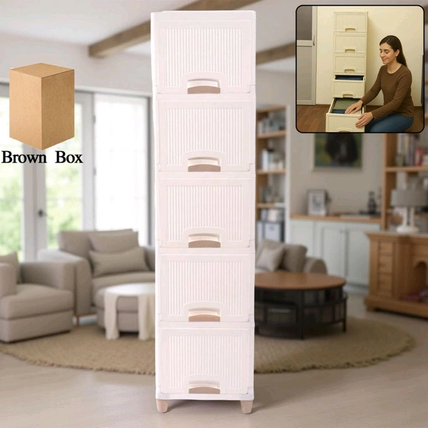 Multi-Purpose 5-Layer Plastic Storage Drawer Cabinet for Home and Office Use – Modular Organizer with Spacious Drawers, Wheels for Easy Mobility, and Durable Brown Box Packaging – Ideal for Clothes, Toys, Stationery & More