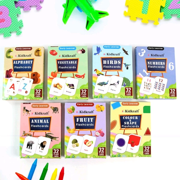 Kidkraft Early Learner 7-in-1 Flashcard Combo Set – 224 Pcs Educational Learning Cards for Kids – Includes Alphabet, Numbers, Animals, Birds, Fruits, Vegetables, Colours & Shapes – 7 Packs of 32 Flashcards Each