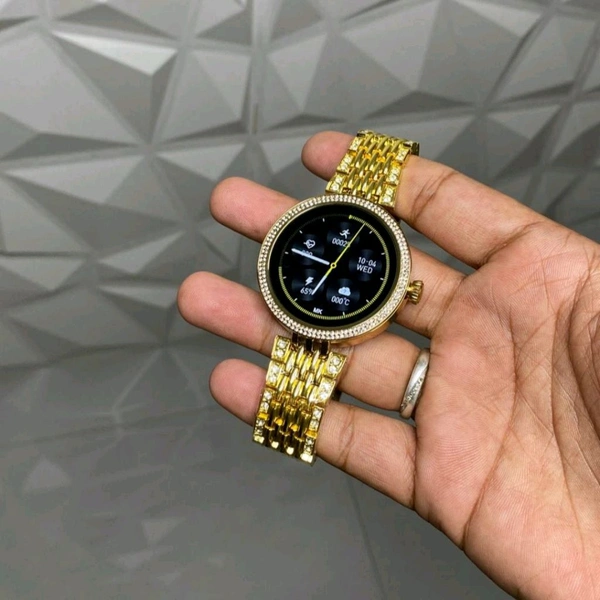 New Diamond Design Smartwatch for Women – Gold Strap, Always-On Display, Health Tracker, BT Calling, Custom Watch Faces