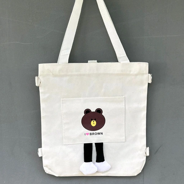Trendy Canvas Shoulder Tote Bags – Adorable Cartoon, Korean Style, Multi-Pocket Design for Girls & Boys - White