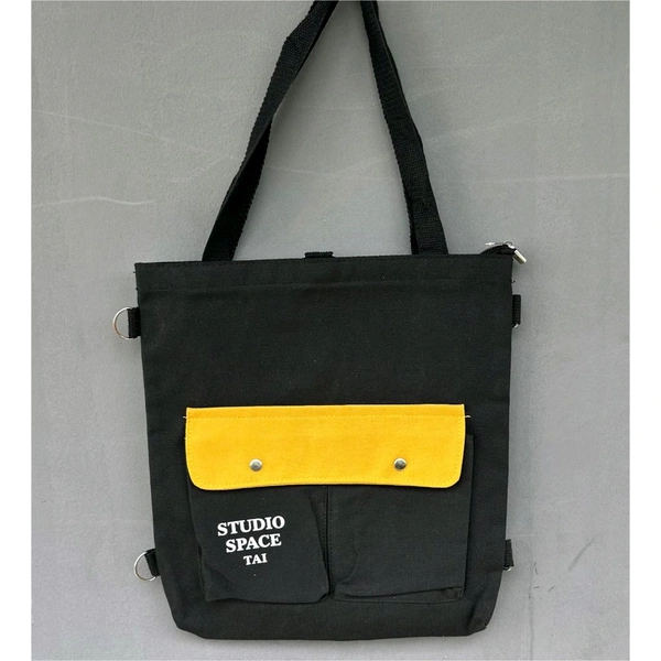 Trendy Canvas Shoulder Tote Bags – Adorable Cartoon, Korean Style, Multi-Pocket Design for Girls & Boys - Black
