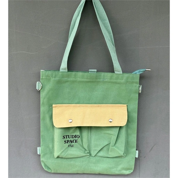 Trendy Canvas Shoulder Tote Bags – Adorable Cartoon, Korean Style, Multi-Pocket Design for Girls & Boys - Green
