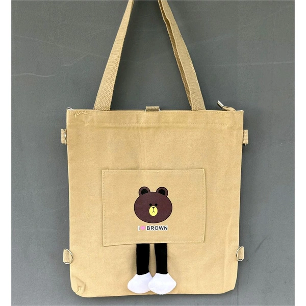Trendy Canvas Shoulder Tote Bags – Adorable Cartoon, Korean Style, Multi-Pocket Design for Girls & Boys - Beige Bag