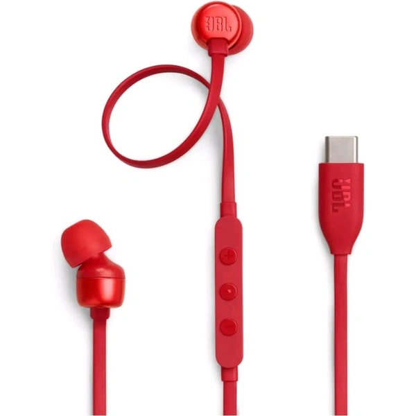 (Original) JBL Tune 310 Wired in-Ear Type C Headphones, Hi-Res Audio with Digital-to-Analog Converter, 3-Button EQ Preset Remote with Microphone, Tangle-Free Flat Cable, Compatible with USB-C Devices (Blue) - Red