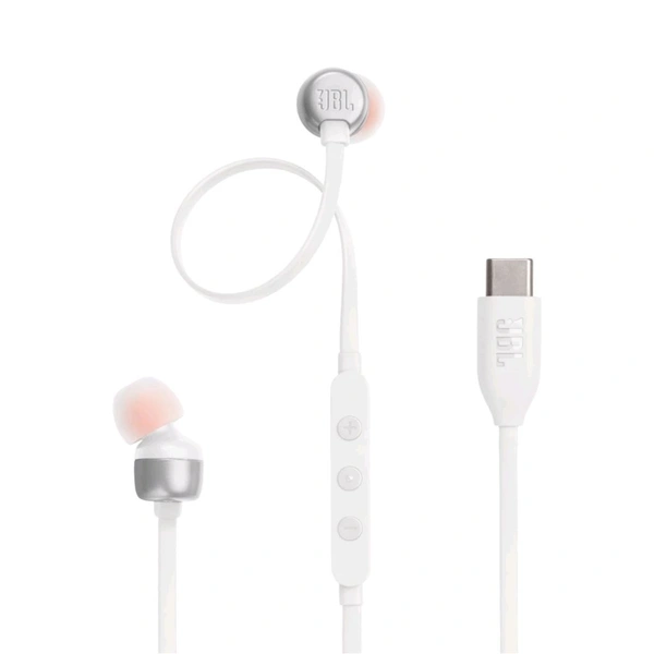 (Original) JBL Tune 310 Wired in-Ear Type C Headphones, Hi-Res Audio with Digital-to-Analog Converter, 3-Button EQ Preset Remote with Microphone, Tangle-Free Flat Cable, Compatible with USB-C Devices (Blue) - White