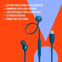 (Original) JBL Tune 310 Wired in-Ear Type C Headphones, Hi-Res Audio with Digital-to-Analog Converter, 3-Button EQ Preset Remote with Microphone, Tangle-Free Flat Cable, Compatible with USB-C Devices (Blue) - White