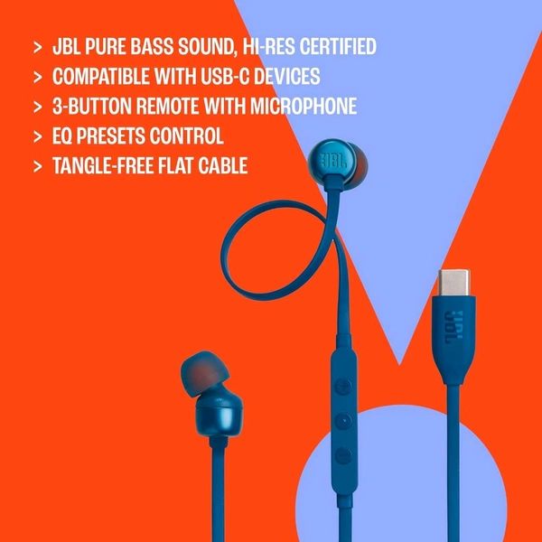 (Original) JBL Tune 310 Wired in-Ear Type C Headphones, Hi-Res Audio with Digital-to-Analog Converter, 3-Button EQ Preset Remote with Microphone, Tangle-Free Flat Cable, Compatible with USB-C Devices (Blue) - White
