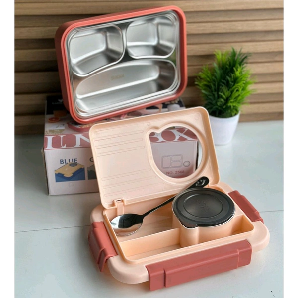 Premium 3-Grid Stainless Steel Lunch Box Set (750ml + 150ml) Aesthetic, functional & leak-proof – perfect for school, office, or travel - Red