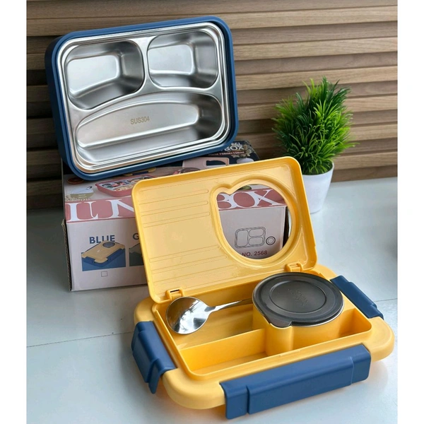 Premium 3-Grid Stainless Steel Lunch Box Set (750ml + 150ml) Aesthetic, functional & leak-proof – perfect for school, office, or travel - Yellow