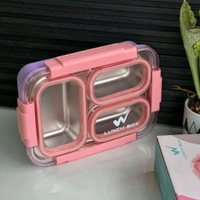 Lunch Box for Adults/Lunch Box for Kids with Spoon & Fork - Stainless Steel & Leak Proof 900 ML with Silicon lid with 4 Compartment for School & Office. - Pink