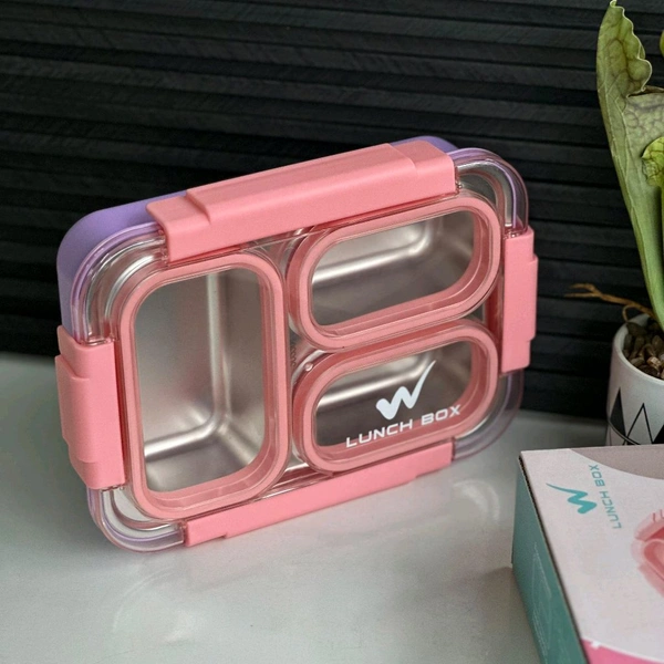 Lunch Box for Adults/Lunch Box for Kids with Spoon & Fork - Stainless Steel & Leak Proof 900 ML with Silicon lid with 4 Compartment for School & Office. - Pink