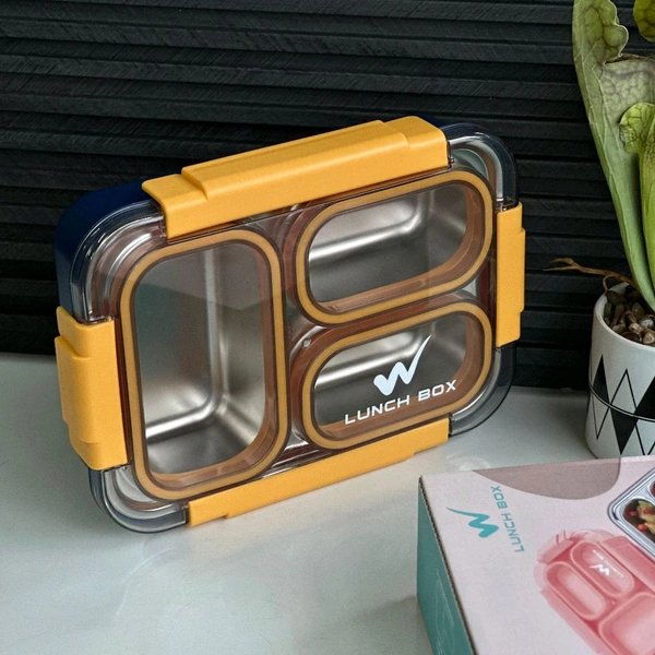 Lunch Box for Adults/Lunch Box for Kids with Spoon & Fork - Stainless Steel & Leak Proof 900 ML with Silicon lid with 4 Compartment for School & Office. - Yellow