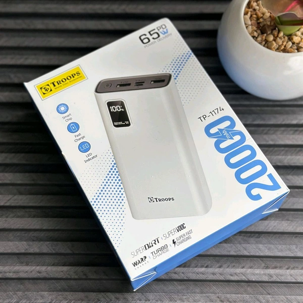 Troops PD65W 20000mAh Fast Charging Power Bank | Dual USB + Type-C Output | Digital Display | Compatible with All Devices | Black & White - White