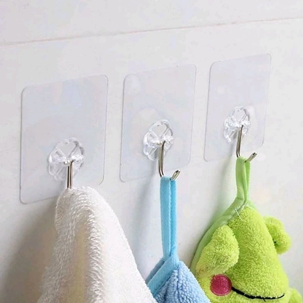 Self Adhesive Heavy Duty Waterproof Transparent Sticky Plastic & Stainless Steel Wall Hooks - 10