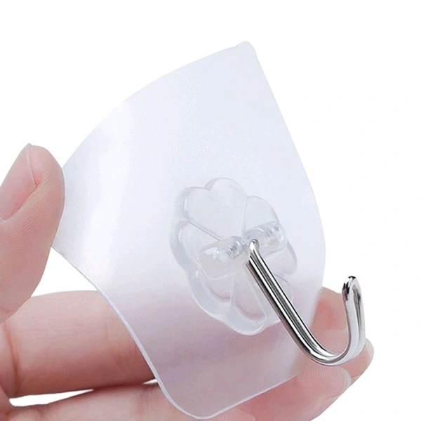 Self Adhesive Heavy Duty Waterproof Transparent Sticky Plastic & Stainless Steel Wall Hooks - 10
