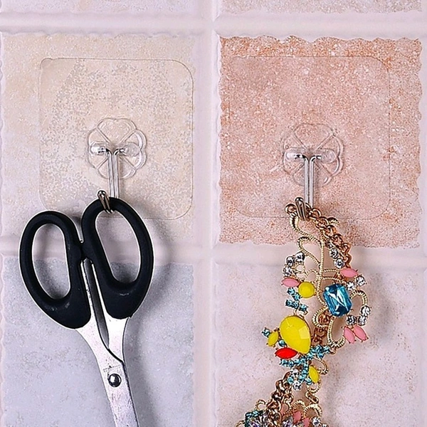 Self Adhesive Heavy Duty Waterproof Transparent Sticky Plastic & Stainless Steel Wall Hooks - 10