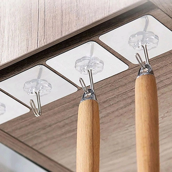 Self Adhesive Heavy Duty Waterproof Transparent Sticky Plastic & Stainless Steel Wall Hooks - 10