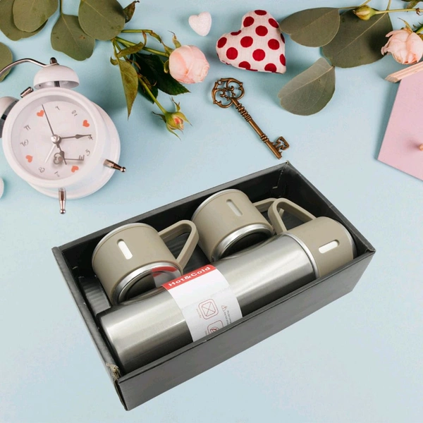 Sainless Steel Vacuum Flask Set with 3 Steel Cups Combo for Coffee Hot Drink and Cold Water Flask Ideal Gifting Travel Friendly Latest Flask Bottle. (500ml)