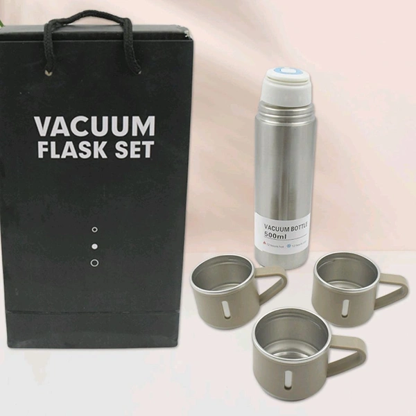 Sainless Steel Vacuum Flask Set with 3 Steel Cups Combo for Coffee Hot Drink and Cold Water Flask Ideal Gifting Travel Friendly Latest Flask Bottle. (500ml)