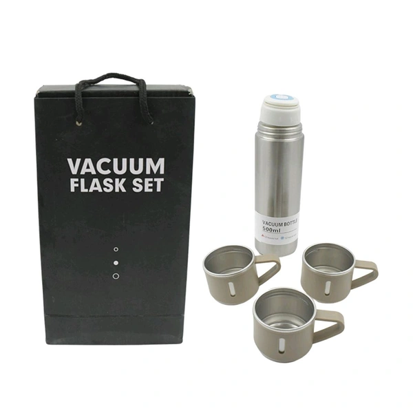 Sainless Steel Vacuum Flask Set with 3 Steel Cups Combo for Coffee Hot Drink and Cold Water Flask Ideal Gifting Travel Friendly Latest Flask Bottle. (500ml)