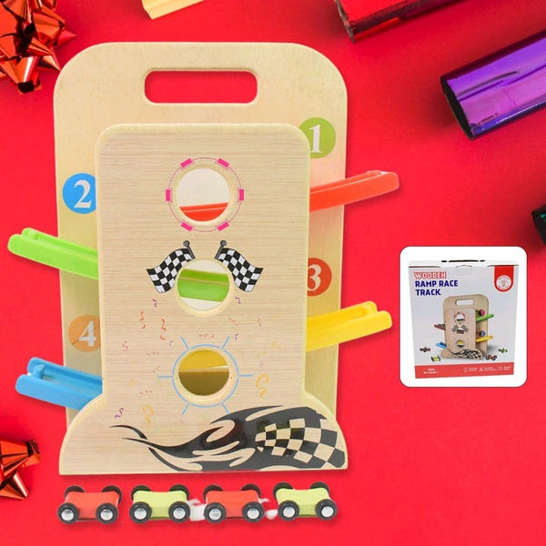 Car Slide with 4 Cars Play Set, Click Clack Track, Car Toys for Toddlers, Racing Car Toys for Kids, Boys, Girls Wooden Ramp Racer Race Track Vehicle Play sets For Kids With 4 Mini Racers Great Gift for Boys and Girls (with Handle)