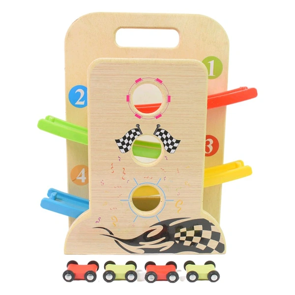 Car Slide with 4 Cars Play Set, Click Clack Track, Car Toys for Toddlers, Racing Car Toys for Kids, Boys, Girls Wooden Ramp Racer Race Track Vehicle Play sets For Kids With 4 Mini Racers Great Gift for Boys and Girls (with Handle)