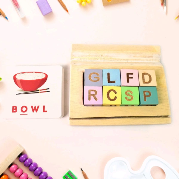 Alphabet Puzzle for Kids Alphabet Spelling & Reading Words with 26 Flash Cards, 8 Wooden Blocks and Stand
