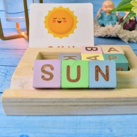Alphabet Puzzle for Kids Alphabet Spelling & Reading Words with 26 Flash Cards, 8 Wooden Blocks and Stand
