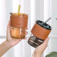 Home Glass Coffee Mug/Tea Cup with Glass Straw and Leakproof Lid Travel Friendly Cups with Heatproof Sleeves 