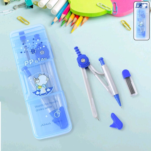 4-in-1 PP Bear Student Geometry Compass Set – Durable Mathematical Instrument Box with Pencil, Lead Refills & Grip – Cute Cartoon-Themed Stationery Kit for Kids & School Use 