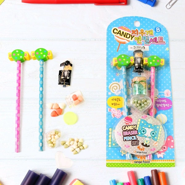 Fun Candy Design Pencil Set with Accessories – 1 Set Mix Design Stationery Combo for Kids (Includes 2 Pencils, Eraser, and Mini Jar)