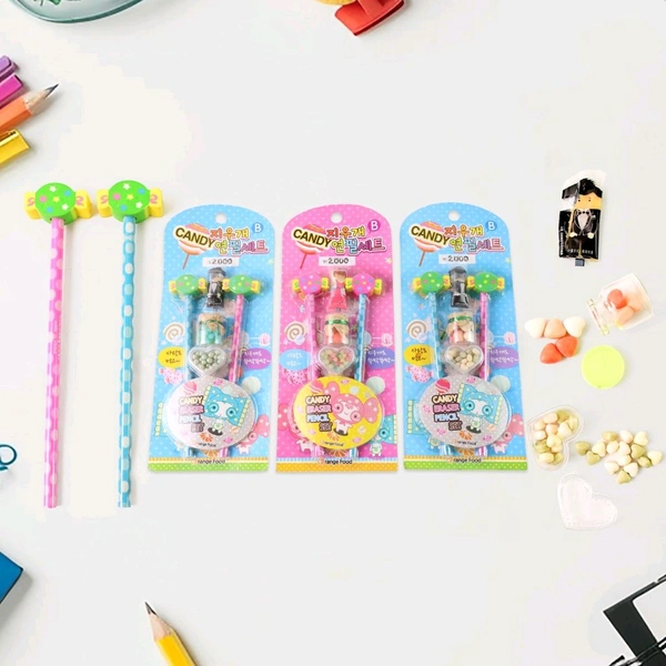 Fun Candy Design Pencil Set with Accessories – 1 Set Mix Design Stationery Combo for Kids (Includes 2 Pencils, Eraser, and Mini Jar)