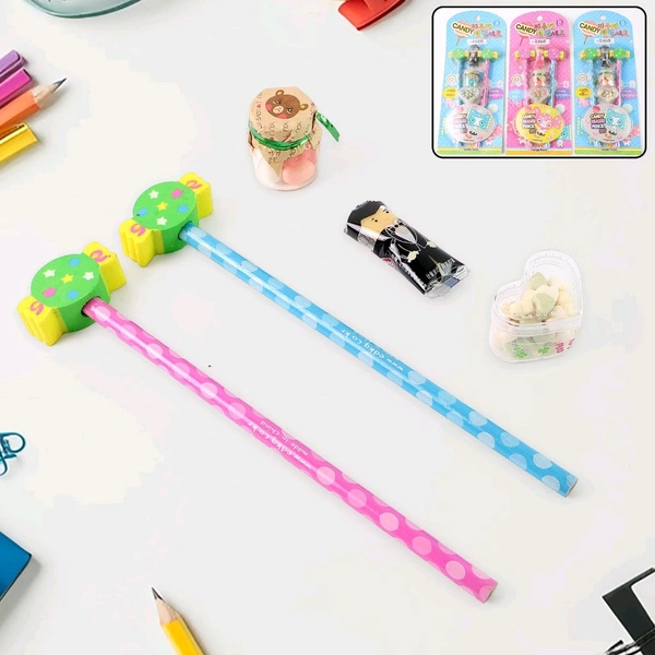 Fun Candy Design Pencil Set with Accessories – 1 Set Mix Design Stationery Combo for Kids (Includes 2 Pencils, Eraser, and Mini Jar)