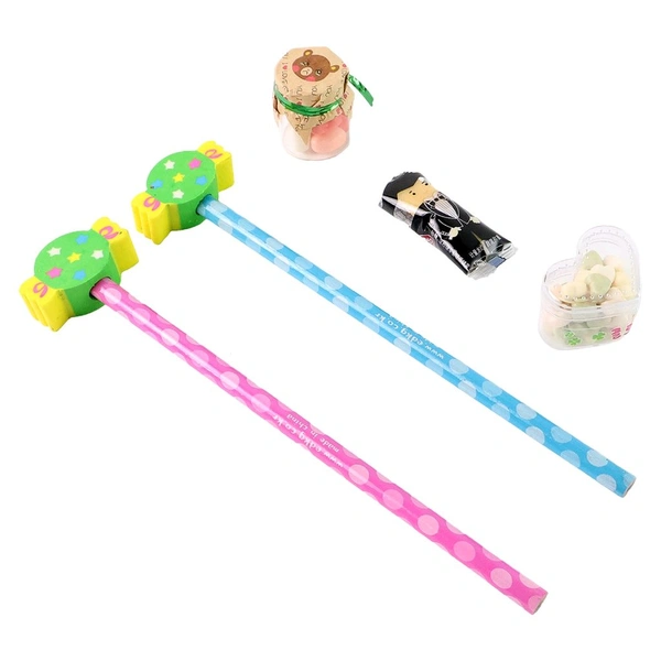 Fun Candy Design Pencil Set with Accessories – 1 Set Mix Design Stationery Combo for Kids (Includes 2 Pencils, Eraser, and Mini Jar)