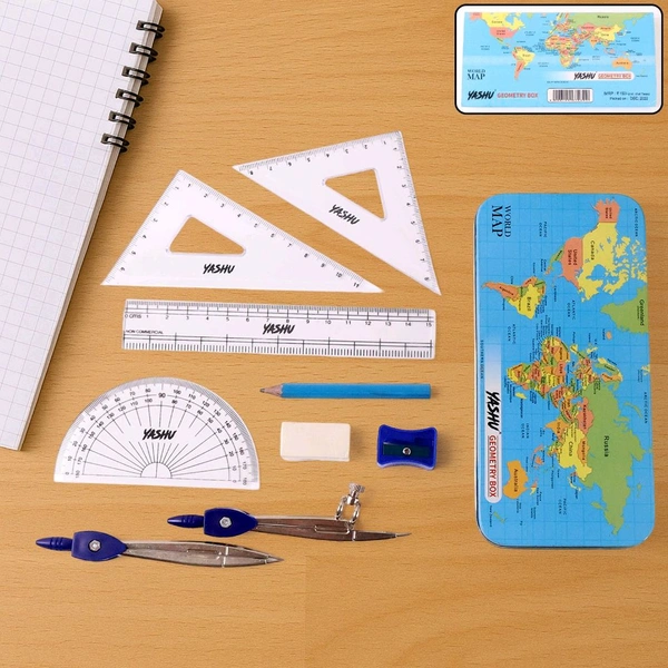 Complete Geometry Box Set with Compass, Scale, Set Squares, Protractor, Eraser & Sharpener – Metal Box with World Map Design | Ideal for School Students & Exam Use