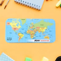 Complete Geometry Box Set with Compass, Scale, Set Squares, Protractor, Eraser & Sharpener – Metal Box with World Map Design | Ideal for School Students & Exam Use