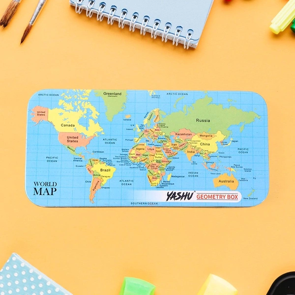 Complete Geometry Box Set with Compass, Scale, Set Squares, Protractor, Eraser & Sharpener – Metal Box with World Map Design | Ideal for School Students & Exam Use